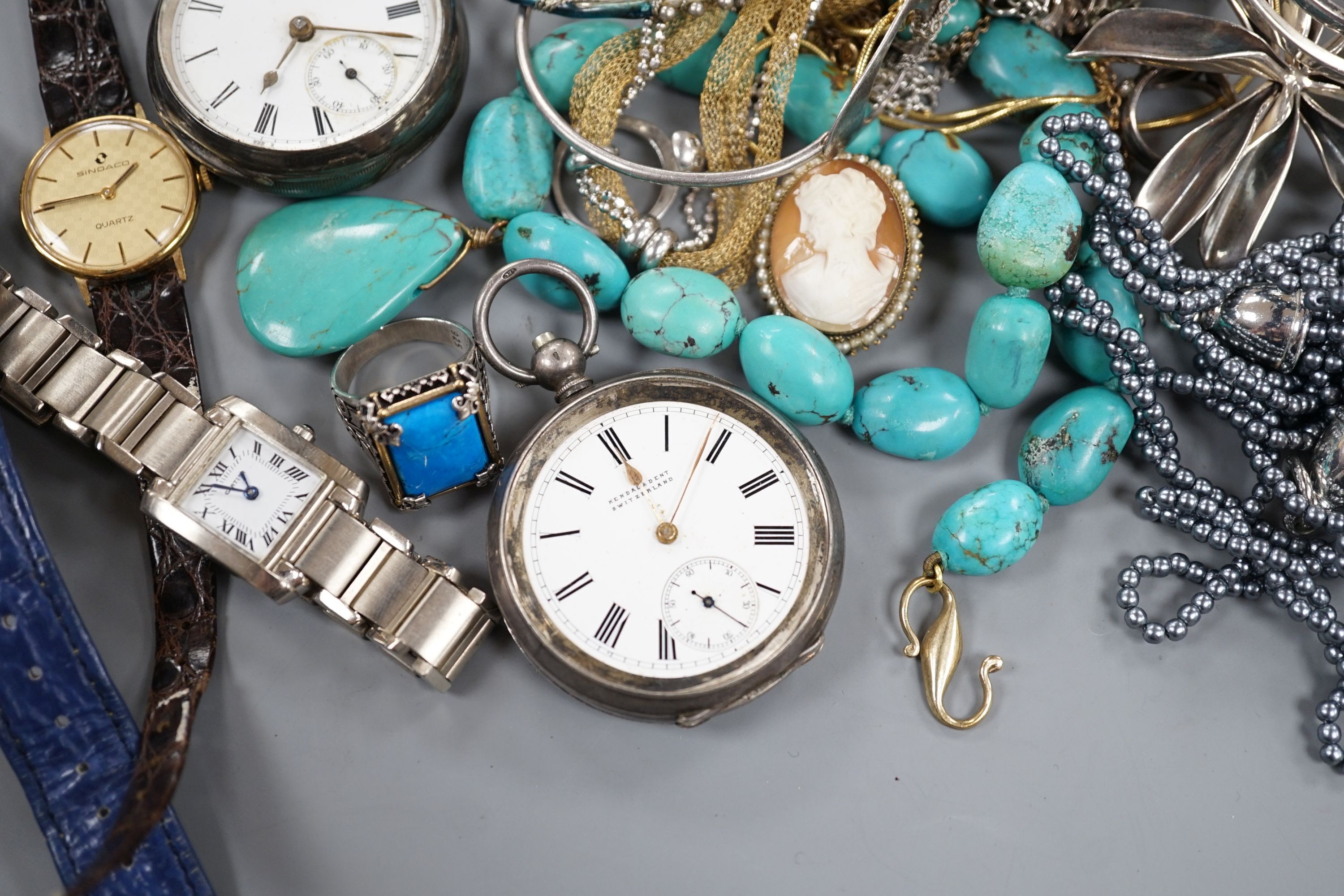 A small quantity of assorted costume jewellery, two silver pocket watches and assorted wrist watches including Timex.